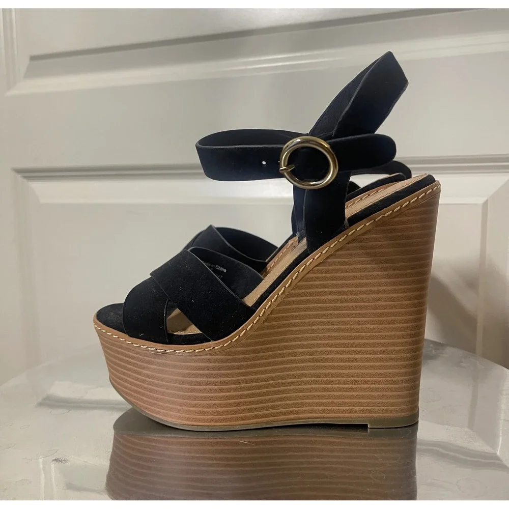ASOS DESIGN Black Faux Suede Platform Wedge Sandals Ankle Strap Gold Buckle